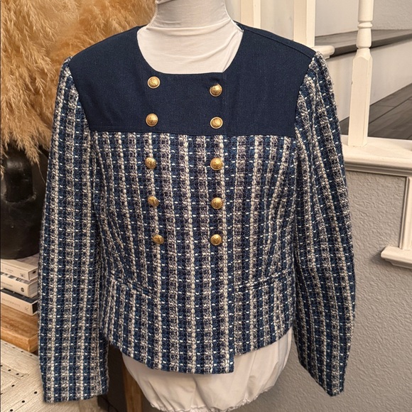 Sam Edelman Blue Tweed Fiona Double Breasted Collarless Blazer Size Medium - Picture 2 of 8